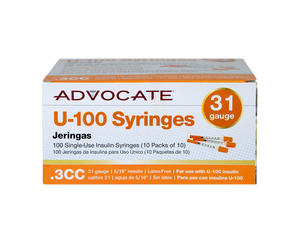 Advocate U-100 Insulin Syringes 31G .3cc 5/16", 100/box